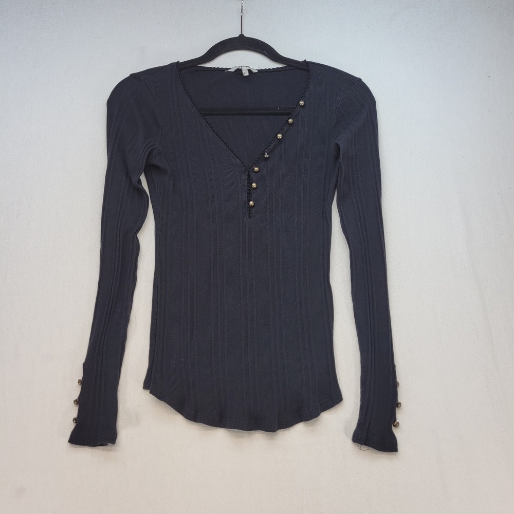 BKE Ribbed Henley Top Womens XS Black Casual Lace Trim Long Sleeve V-Neck
